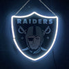 Neon Raiders shield acrylic sign with chain, glowing white border and Raiders text