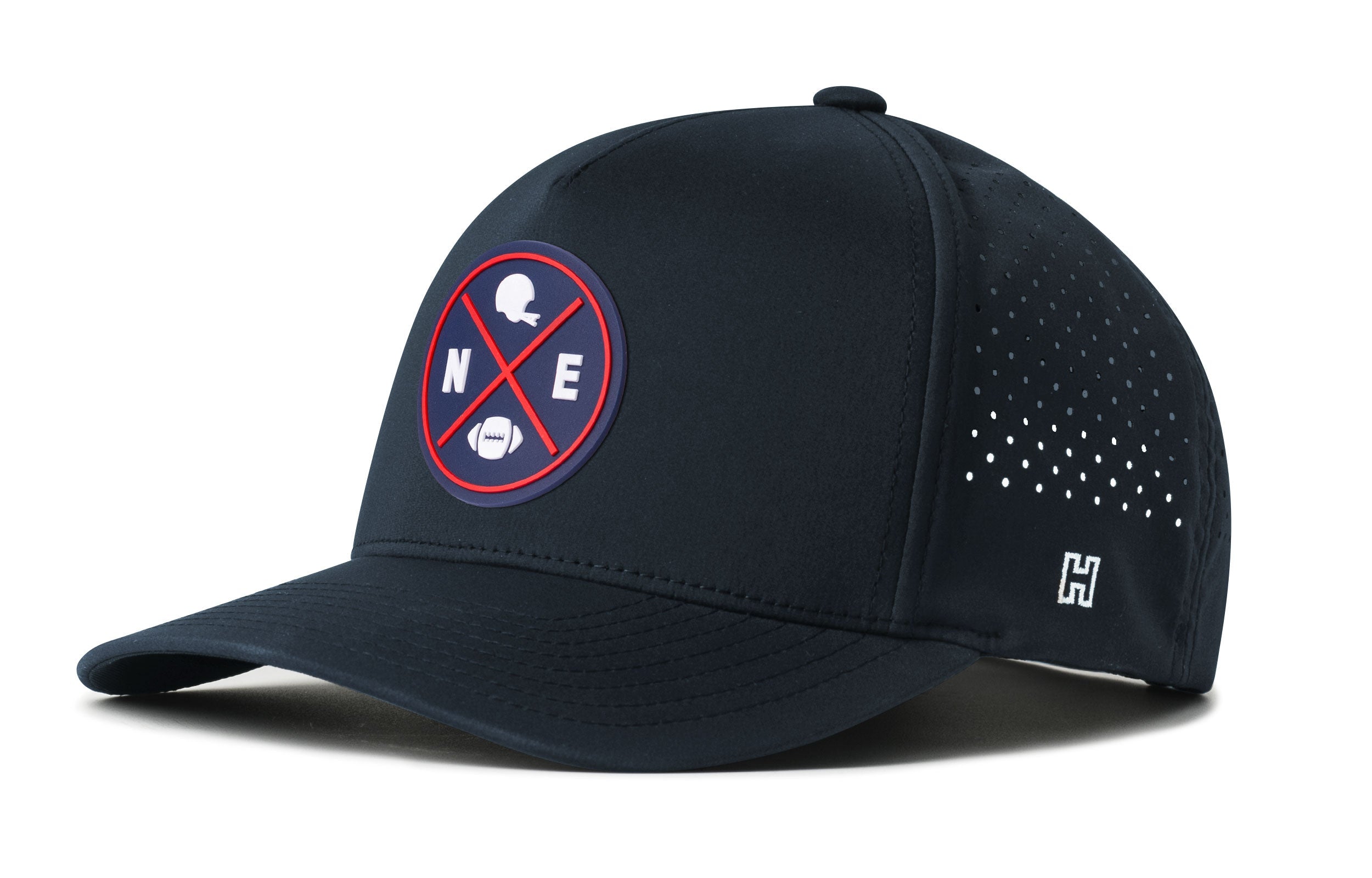 Navy 5-panel performance cap with NEX logo patch and perforated side