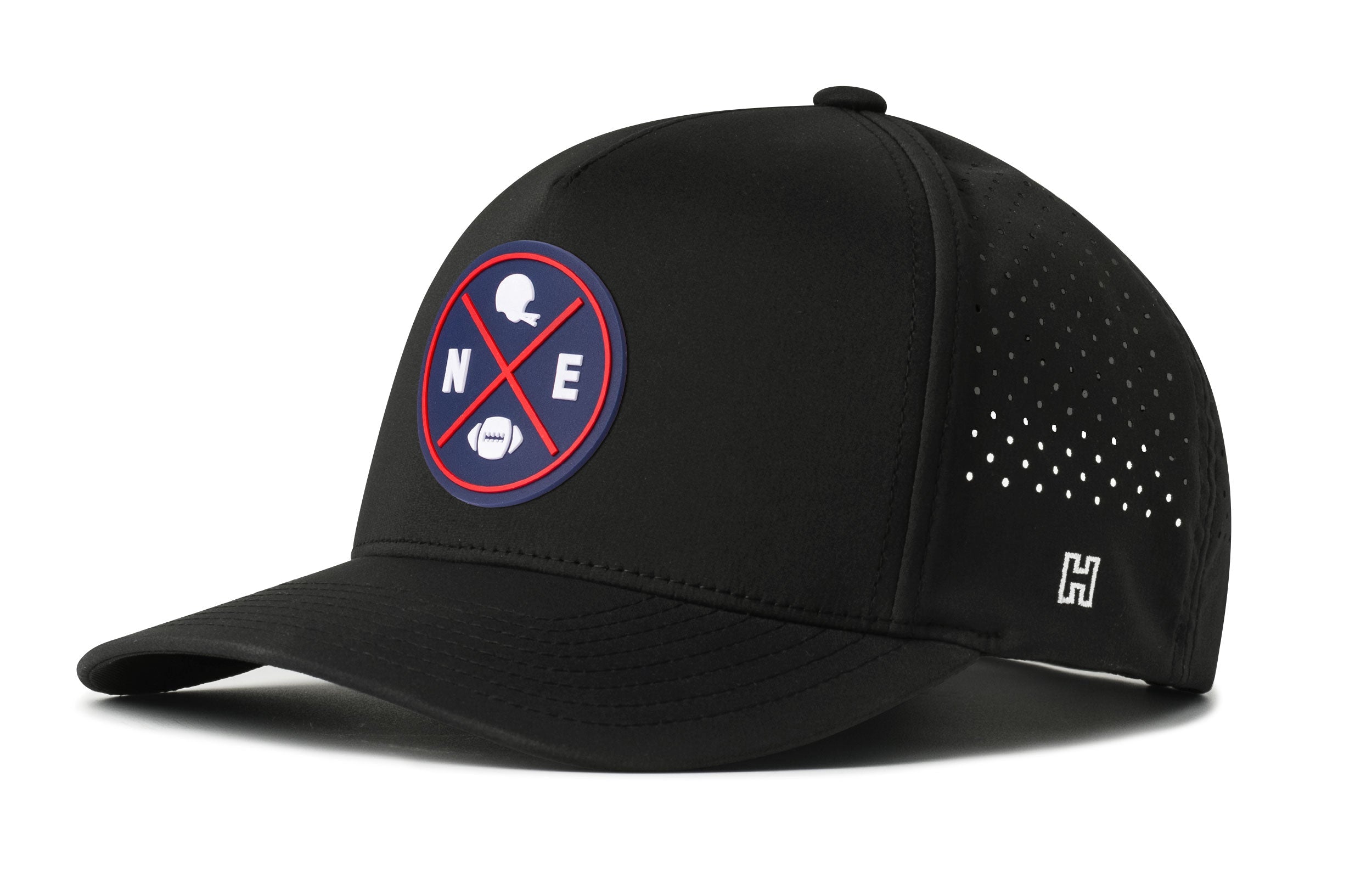 Black 5-panel performance cap with embroidered NEX logo patch and perforated side