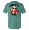 Green crew T-shirt, Santa holding a beer with back text "WONDERFUL TIME FOR A BEER"