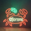 Neon light sign shaped like a crab with Corona text, red and green glow