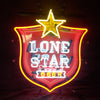 Neon beer sign with yellow star, 'LONE STAR' text on red shield, 'BEER' label