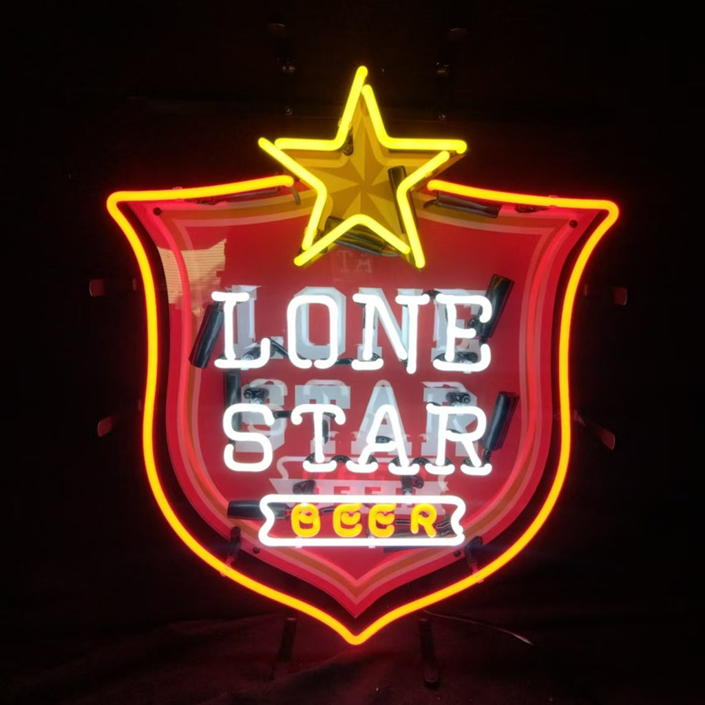 Neon beer sign showing yellow star above 'LONE STAR' on red shield with 'BEER' label