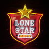 Neon beer sign showing yellow star above 'LONE STAR' on red shield with 'BEER' label