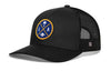 Dark navy trucker cap with mesh side panels and round LA X logo patch