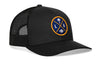 Black trucker cap with mesh side panels and round LA X logo patch