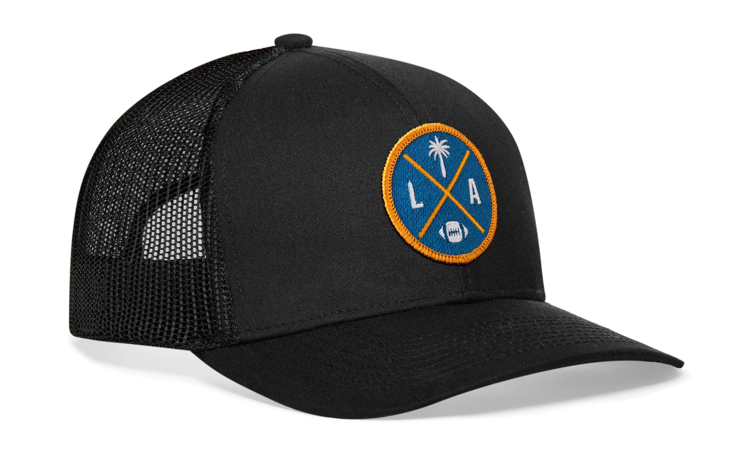 Black trucker cap with LA X logo patch and black mesh side panels, snapback