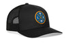 Black trucker cap with LA X logo patch and black mesh side panels, snapback
