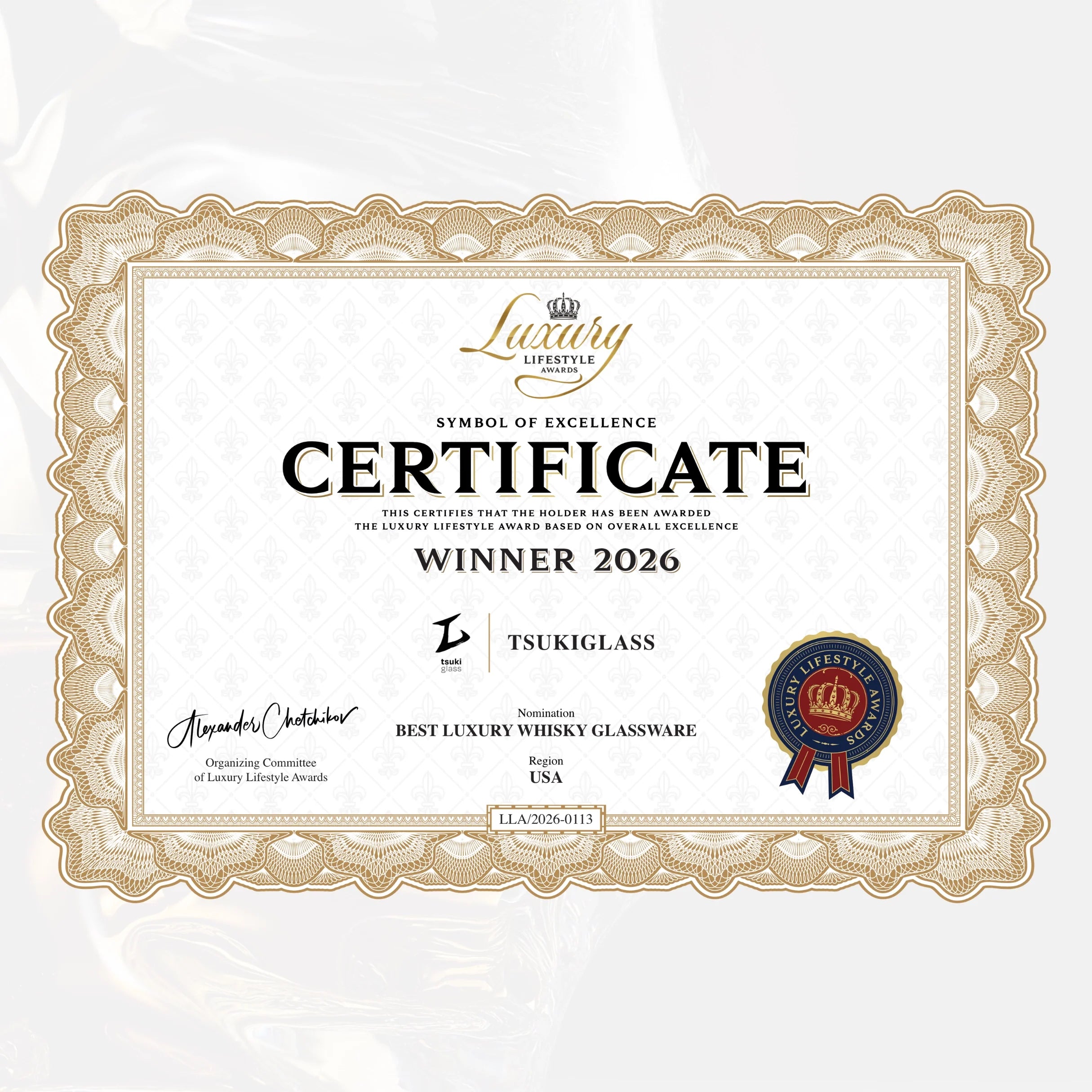 Luxury certificate winner 2026 card with gold border and TsukiGlass seal