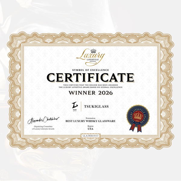 Luxury certificate winner 2026 card with gold border and TsukiGlass seal