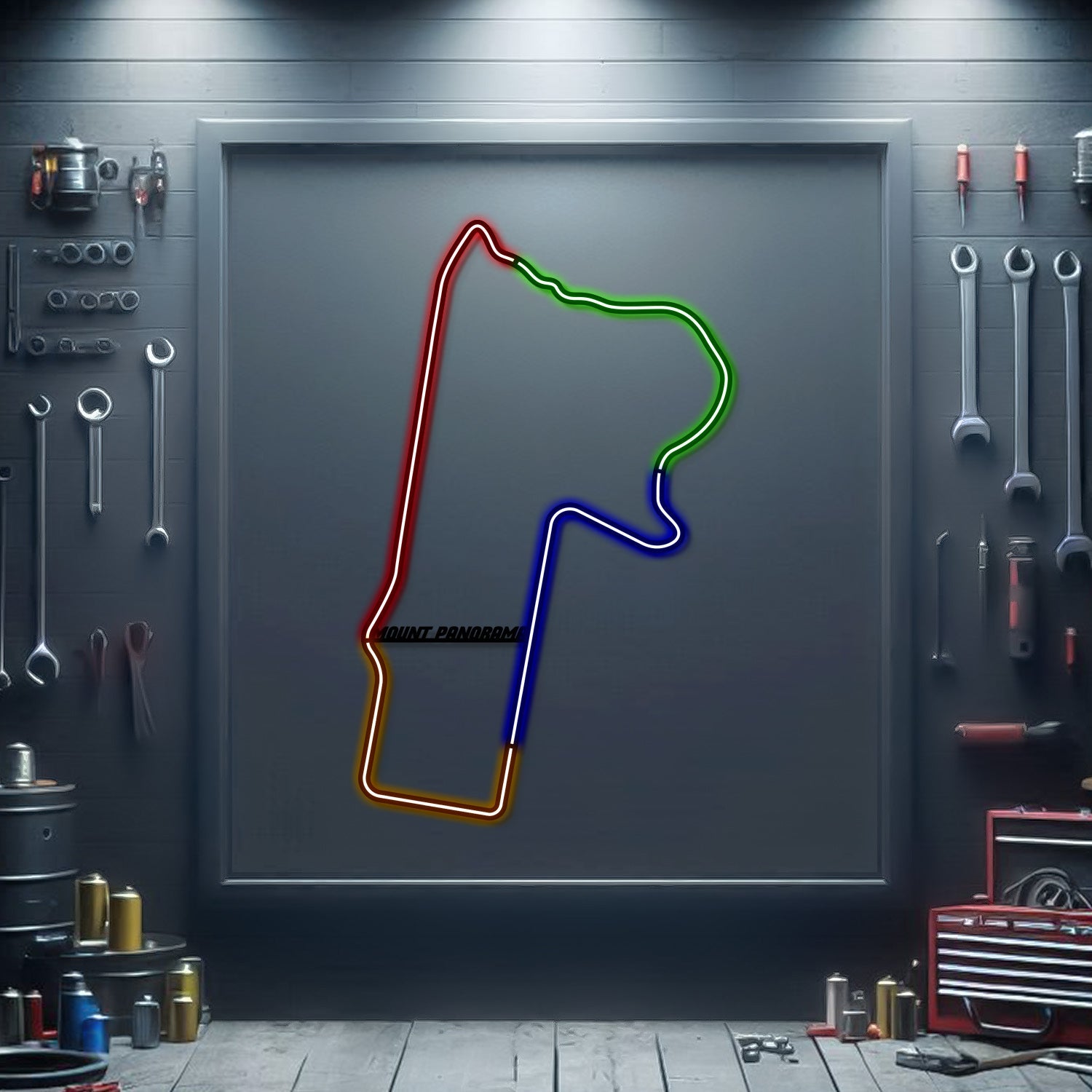 Metal neon race track wall sign with multicolor outline in a square frame