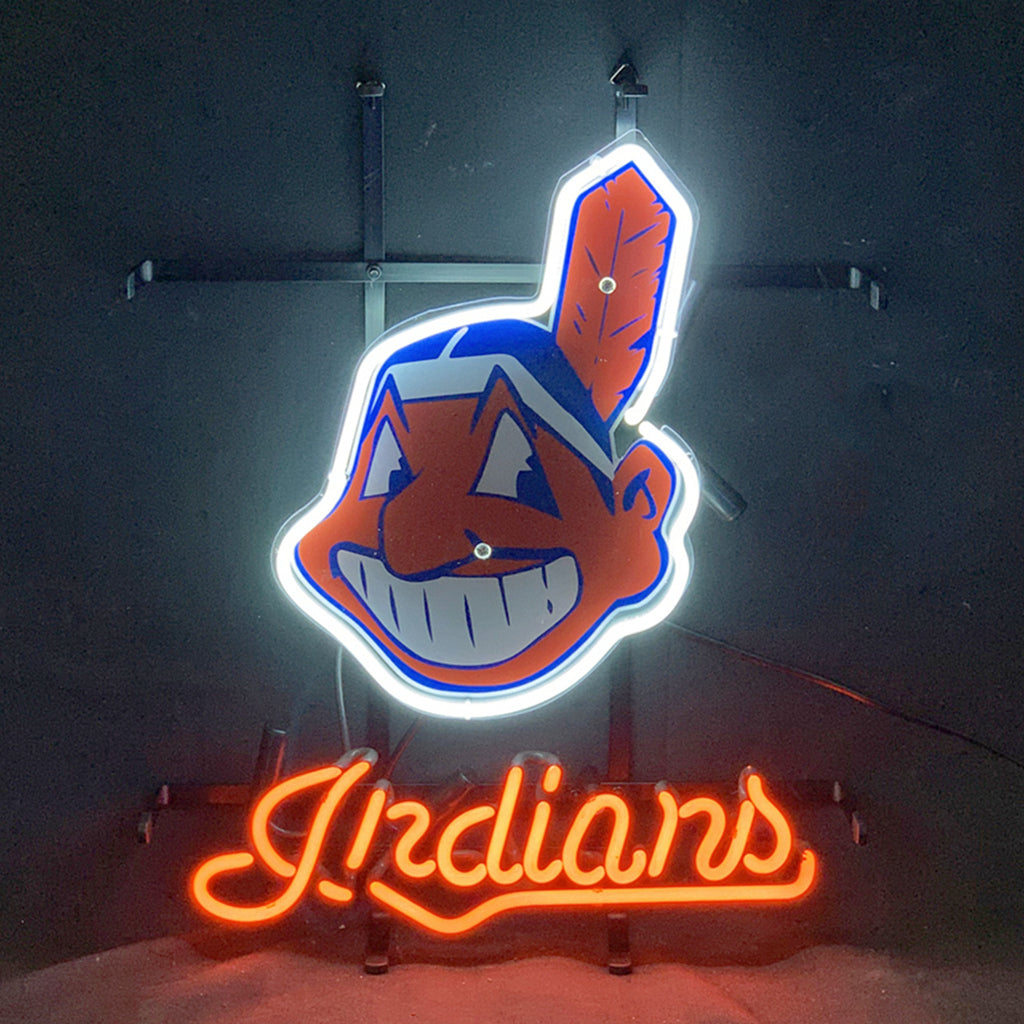 Cleveland Indians neon sign featuring the winged logo above glowing Indians script