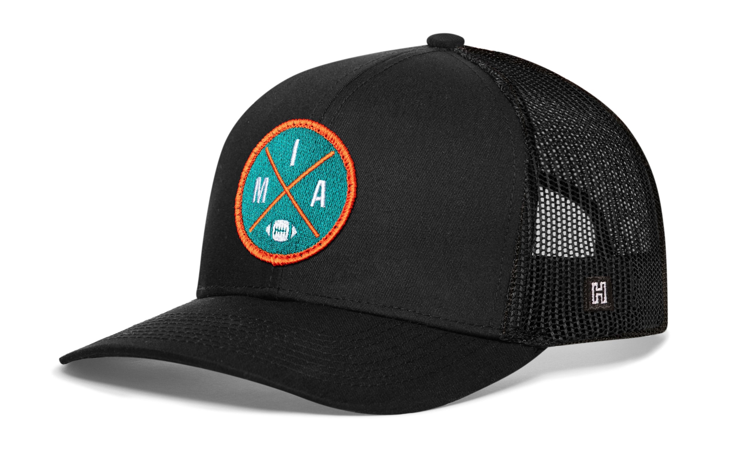 Black trucker cap with mesh back, curved brim, circular MIA patch on front