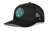 Black trucker cap with mesh back, curved brim, circular MIA patch on front