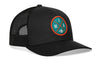 Black trucker cap with mesh back, curved brim, circular MIA patch near side