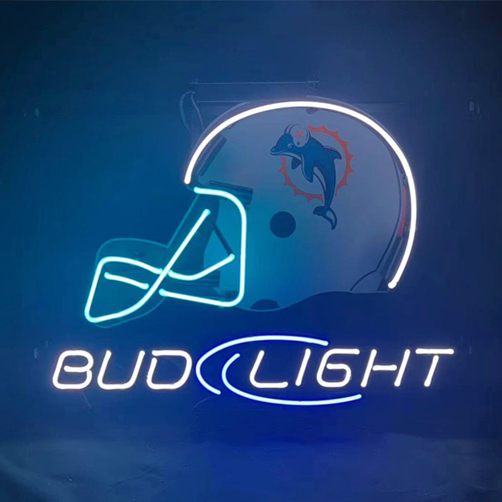 Neon helmet light sign with dolphin face and Bud Light text, blue illumination