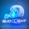 Neon helmet light sign with dolphin logo and Bud Light lettering, blue glow