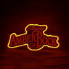 Neon beer sign showing Michelob Amber Bock text and emblem with red/yellow outline