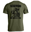 Military green T-shirt with skeleton holding beer and 'Surviving Fatherhood' back print