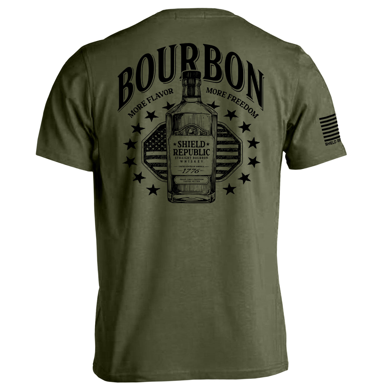 Military green back graphic T-shirt with bottle and stars emblem, short sleeves