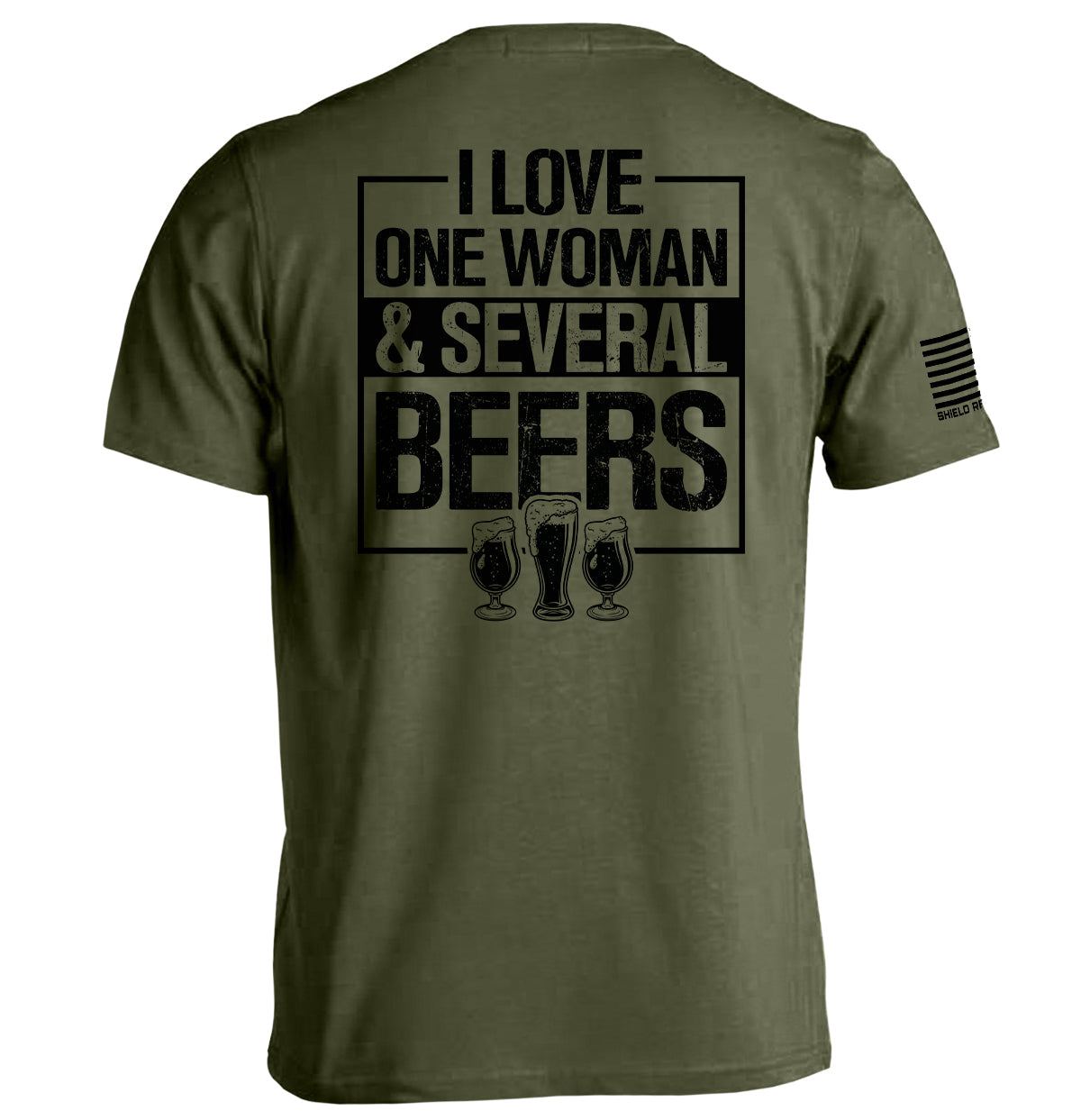 Olive green T-shirt with 'I LOVE ONE WOMAN & SEVERAL BEERS' back graphic and beer mugs