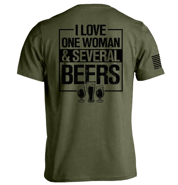 Olive green T-shirt with 'I LOVE ONE WOMAN & SEVERAL BEERS' back graphic and beer mugs