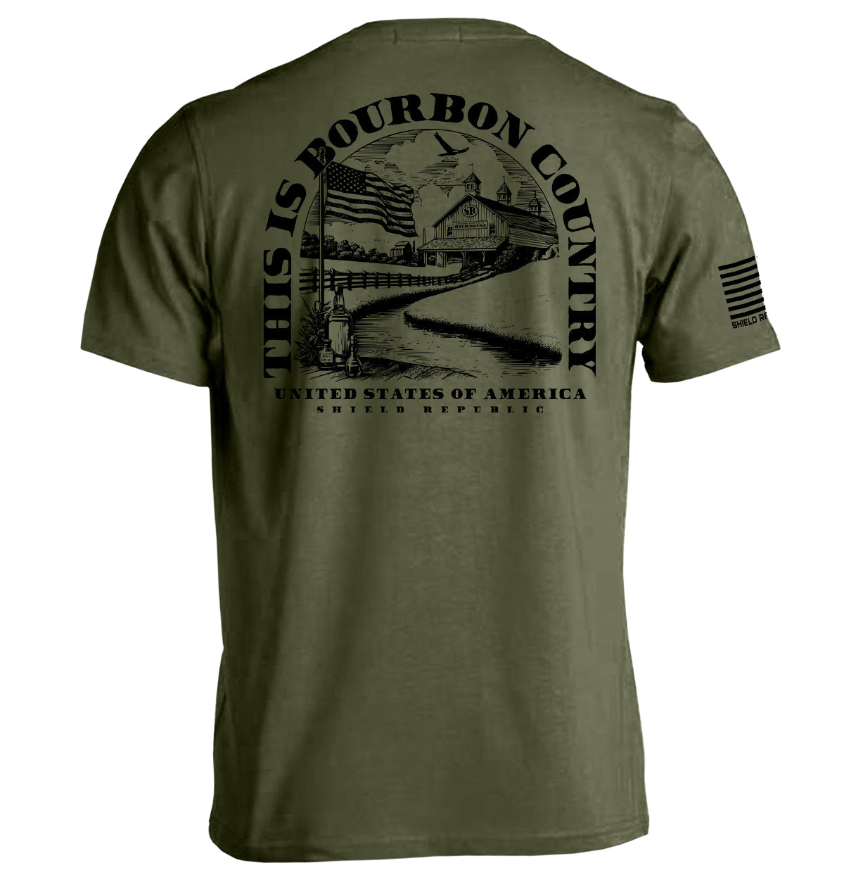 Military green short-sleeve T-shirt with large back Bourbon Country graphic print