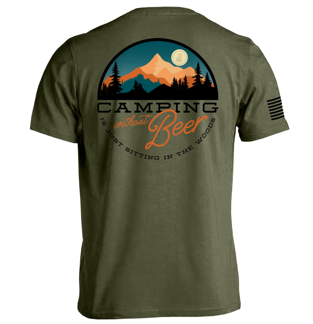 Military green short-sleeve T-shirt, back camping graphic with “without Beer” text