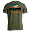 Military green short-sleeve T-shirt, back camping graphic with “without Beer” text