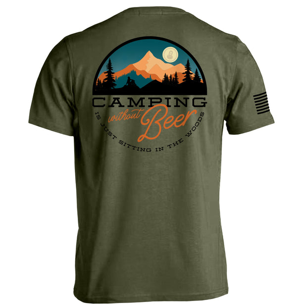 Military green short-sleeve T-shirt, back camping graphic with “without Beer” text