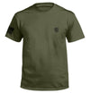Military green T-shirt with small chest logo on front; U.S. flag patch on sleeve
