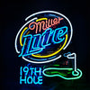 Neon light sign front view with Miller Lite script, club and '19th hole' lettering