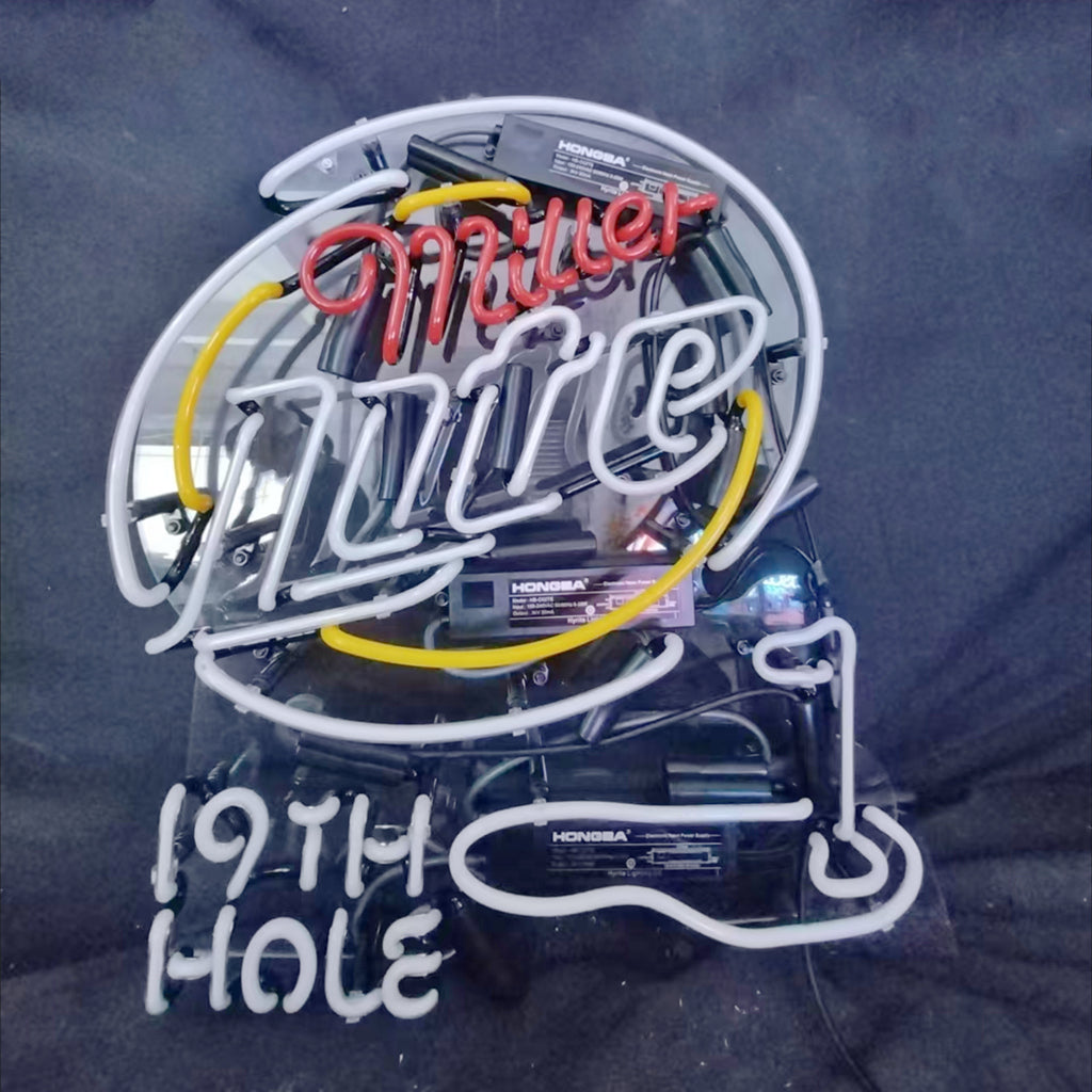 Neon light sign with gray frame, Miller Lite script, golf club and '19th hole' text