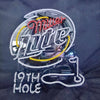 Neon light sign with gray frame, Miller Lite script, golf club and '19th hole' text