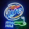 Neon light sign with Miller Lite script, golf club and '19th hole' text, multicolor