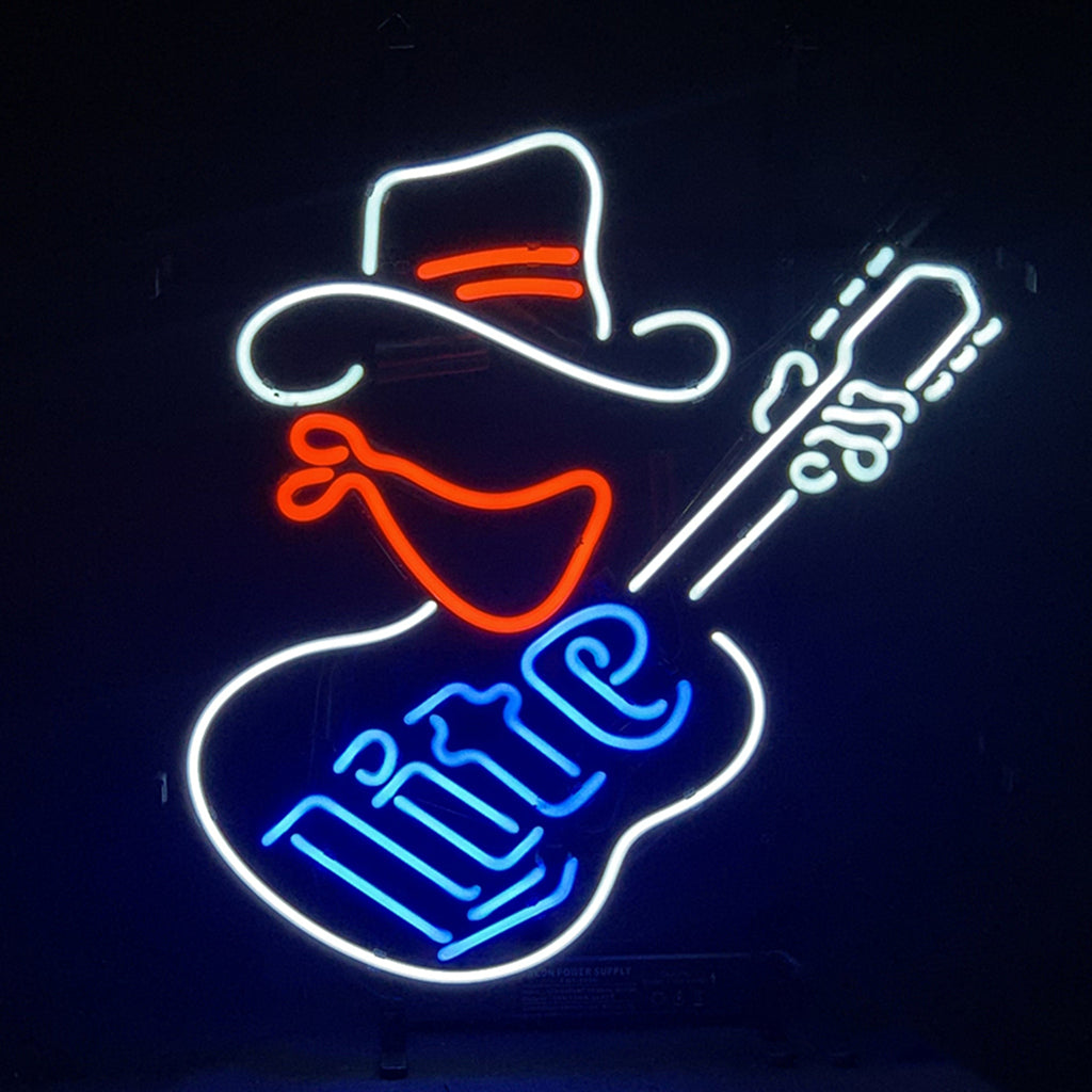 Neon cowboy guitar sign light with white outline, blue guitar body, and orange/red cowboy hat