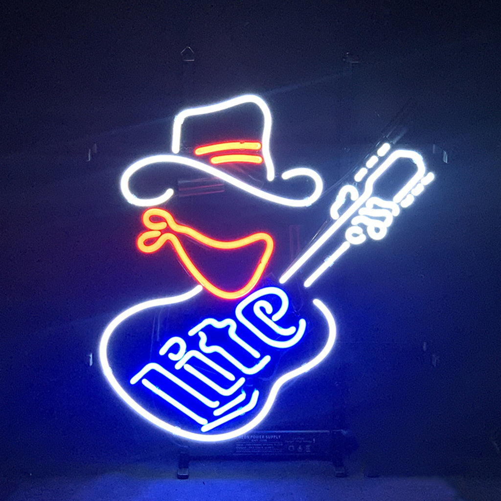 Neon cowboy guitar sign light with white outline, blue guitar, and orange/red accents