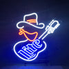 Neon cowboy guitar sign light with white outline, blue guitar, and orange/red accents