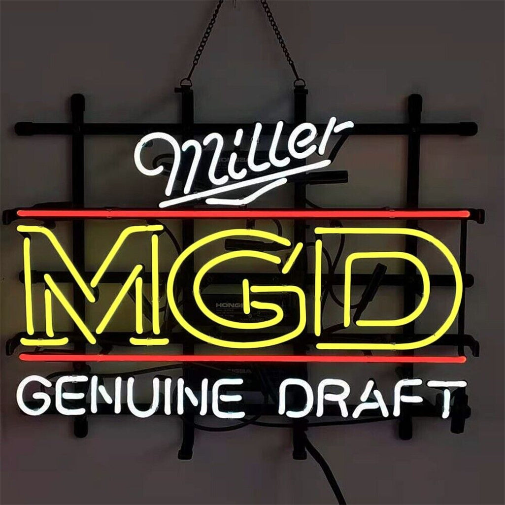 Neon beer sign with Miller script, MGD letters, and Genuine Draft text in yellow