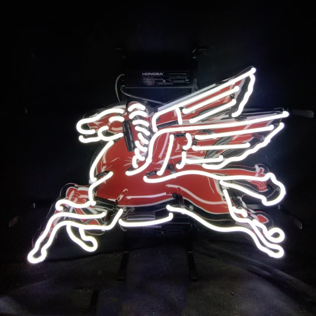 Red and white glowing neon horse sign with white outline tubing and red body