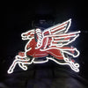 Red and white glowing neon horse sign with white outline tubing and red body