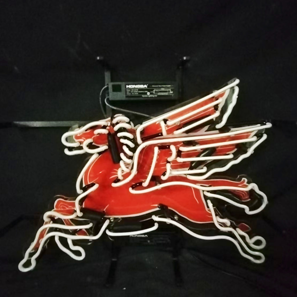 Red and white neon horse decoration sign with white glowing tubing and red fill
