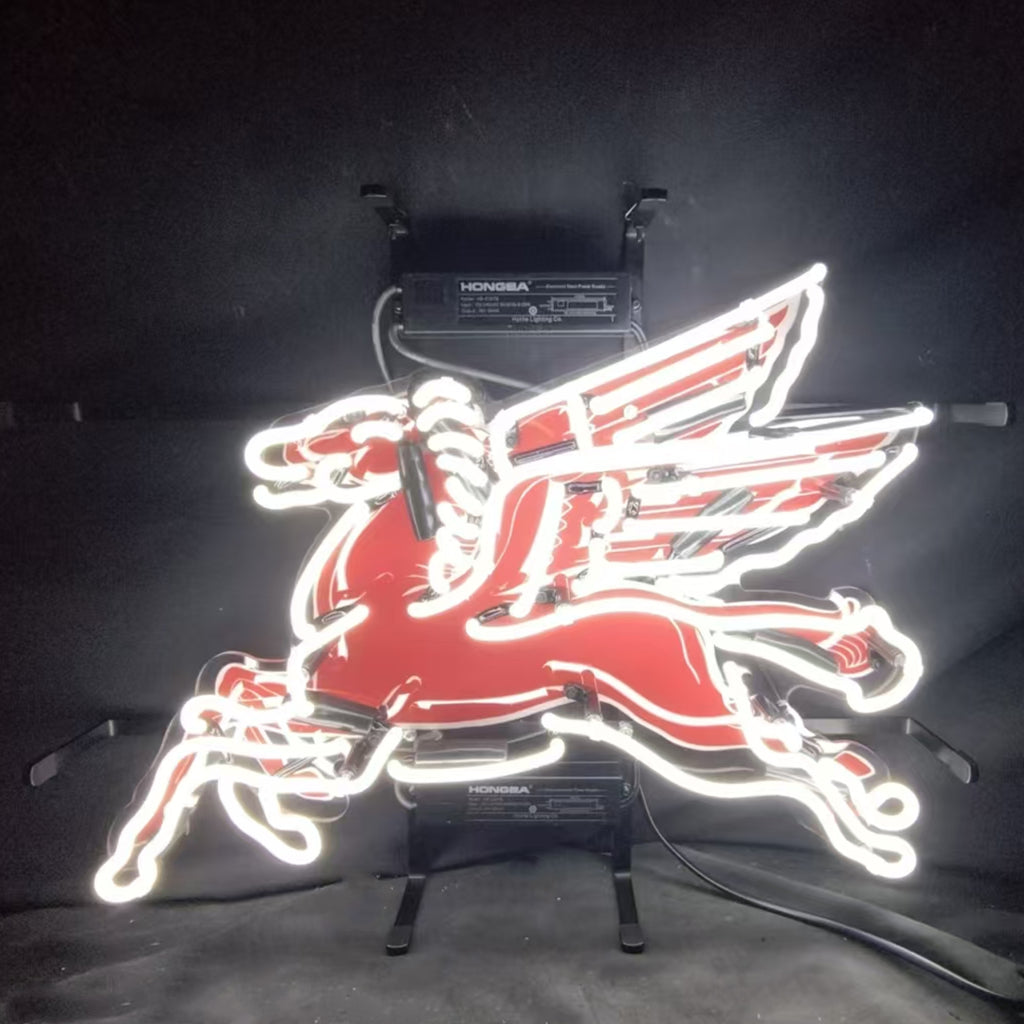 Red and white neon horse sign with white glowing outline lines and red center panel