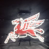Red and white neon horse sign with white glowing outline lines and red center panel