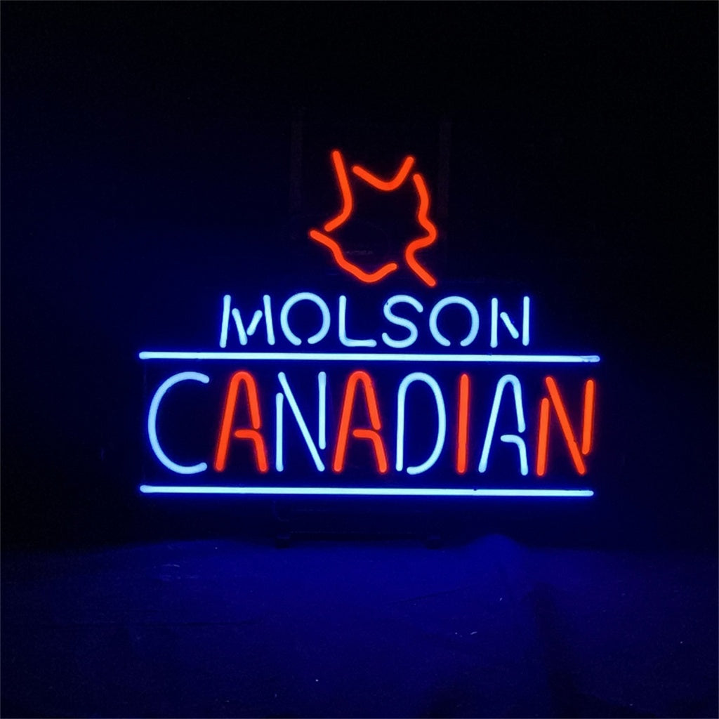 Molson Canadian neon wall sign with red maple leaf and blue CANADIAN lettering.