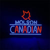 Molson Canadian neon wall sign with red maple leaf and blue CANADIAN lettering.