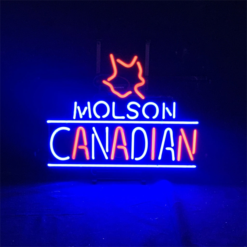 Molson Canadian neon sign: maple leaf above MOLSON over CANADIAN.