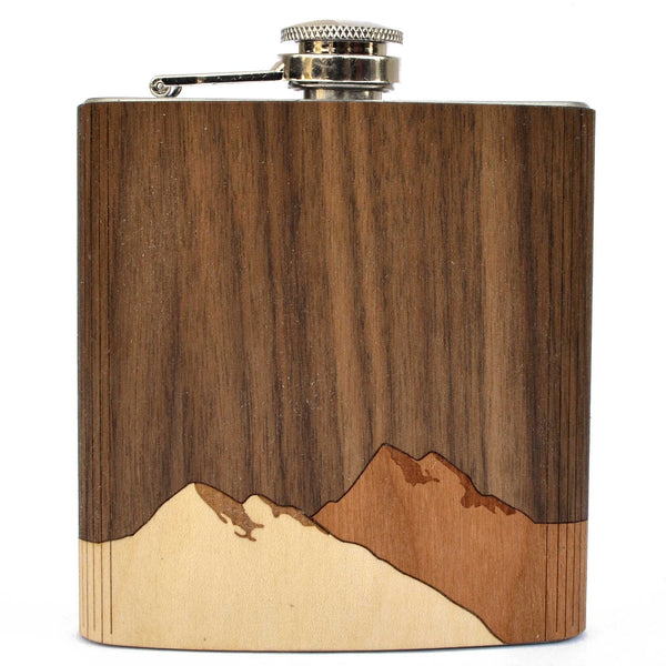 Mountain Range - Wooden Hip Flask For the Bar Autumn Woods