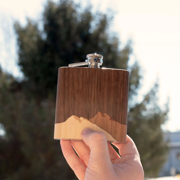 Mountain Range - Wooden Hip Flask For the Bar Autumn Woods