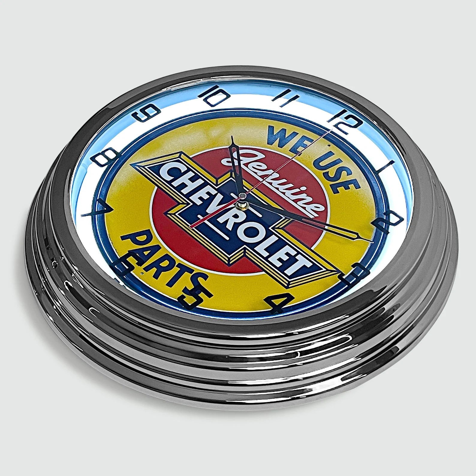 Genuine Chevrolet Parts - Metal White Neon Clock For the Gear Head Sign Box Co.